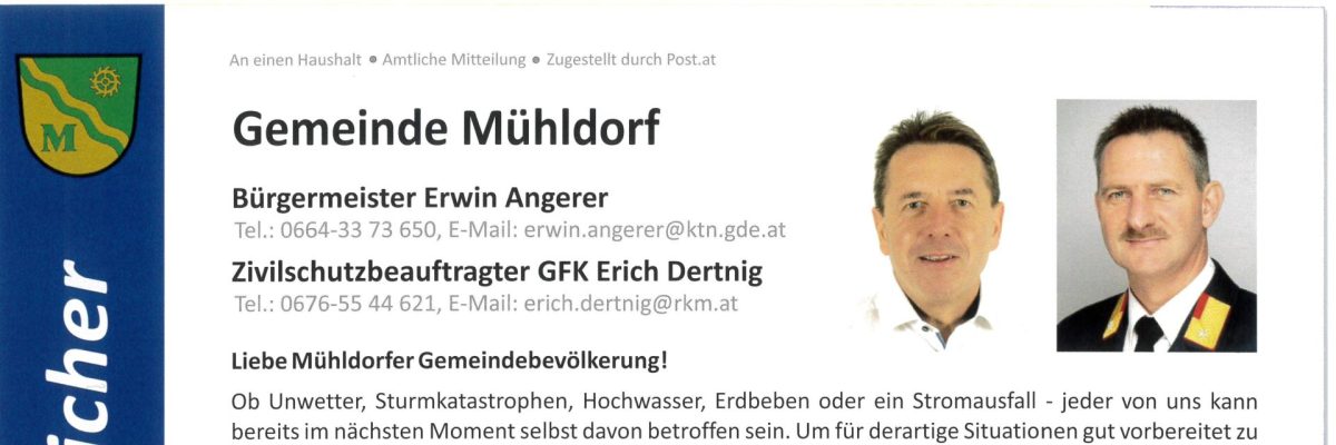 Bürgermeister Erwin Angerer und Zivilschutzbeauftragter Erich Dertnig informieren über die private Vorsorge