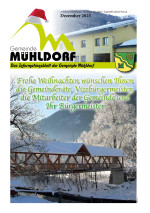 Gemeinde Mühldorf: Weihnachtsgrüße vom Bürgermeister und Gemeinderat vor verschneiter Brücke.